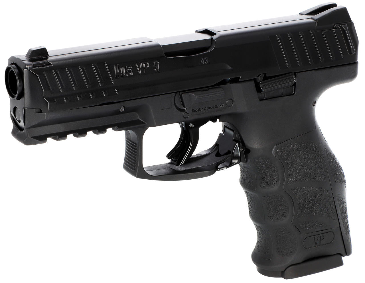 Left angle view of the Black T4E HK VP9 .43 caliber CO2 paintball pistol showing the muzzle, trigger, and safety switch