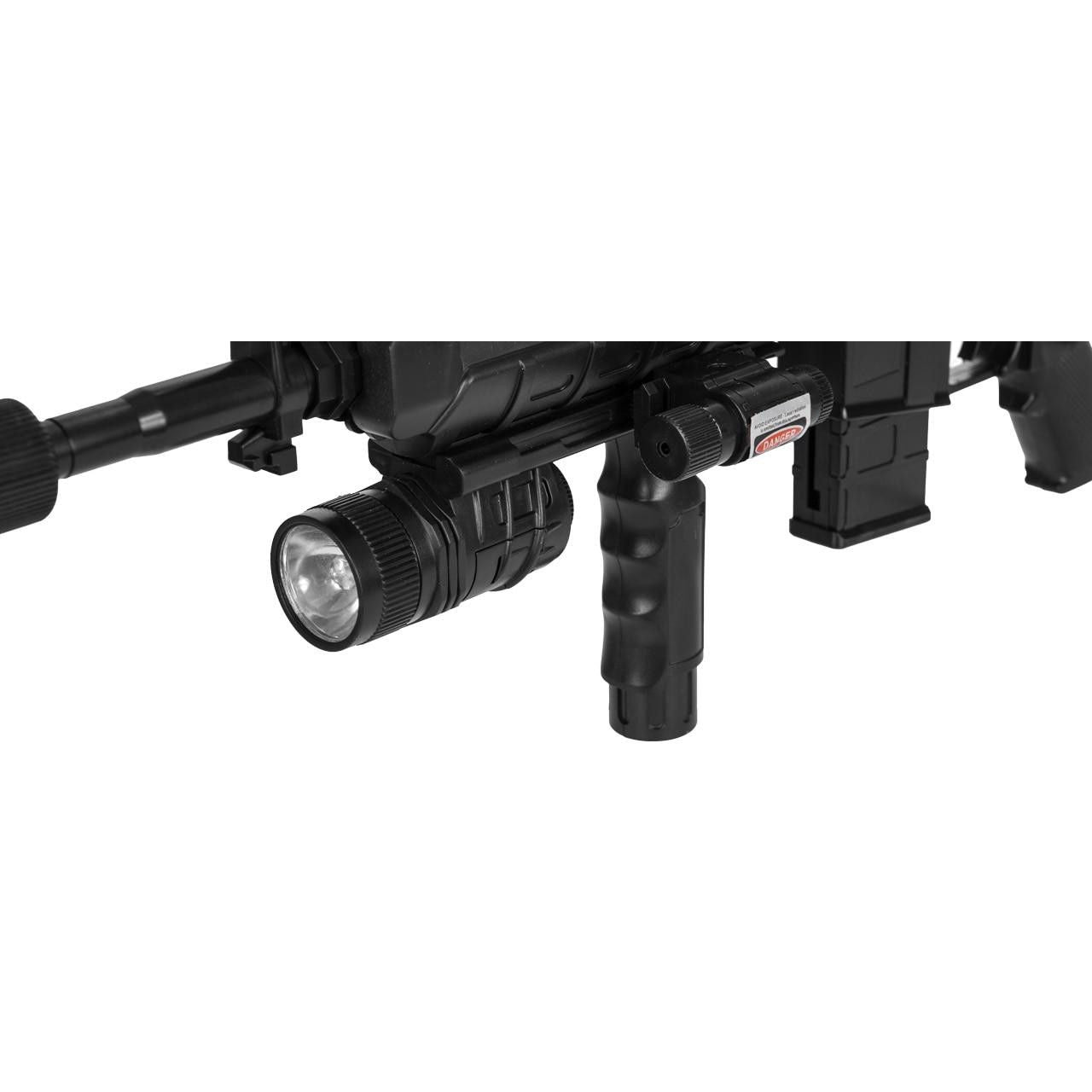 Close-up of spring-powered M4 airsoft rifle showing Picatinny rail and adjustable stock