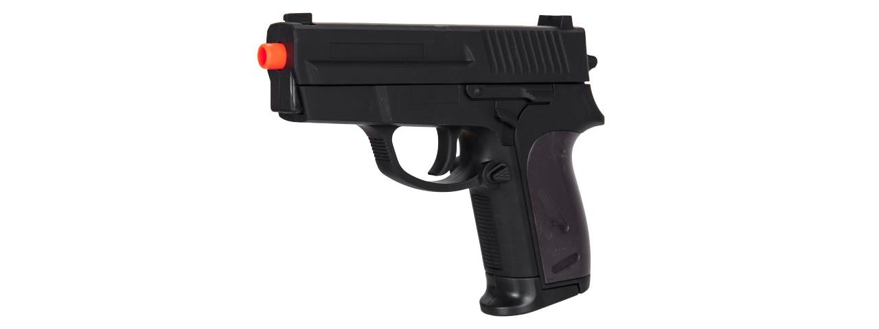 Colt-style airsoft sidearm pistol in two-tone tan and black with magazine displayed