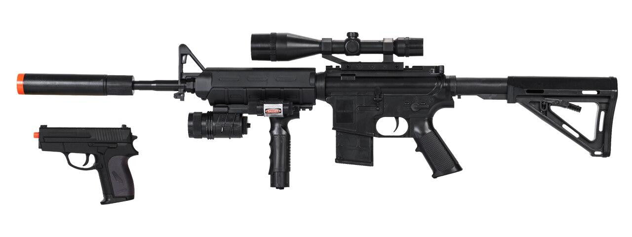 Complete Tactical M4 rifle and pistol kit with included accessories laid out