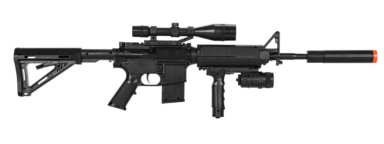 Tactical M4 spring-powered airsoft rifle with vertical grip and flashlight in black and tan color