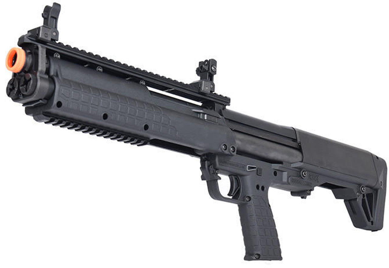 Black Tokyo Marui KSG gas airsoft shotgun angled front view on white background