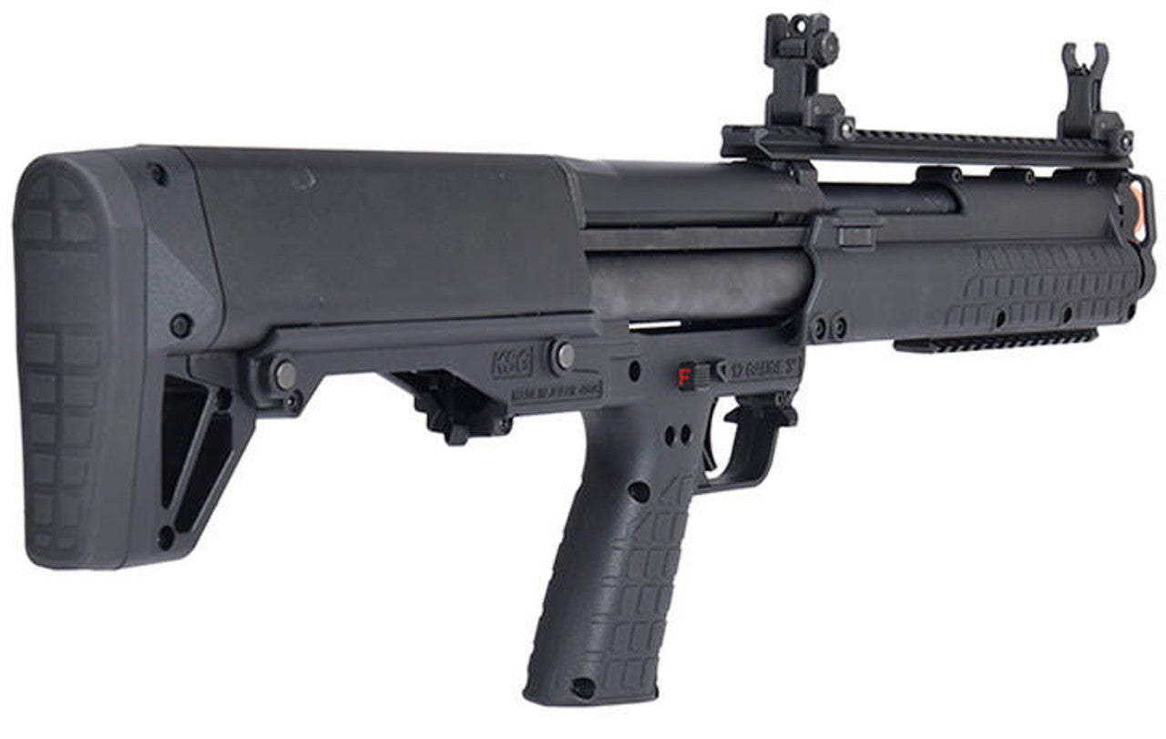 Close-up of the pump action mechanism on the Tokyo Marui KSG airsoft shotgun