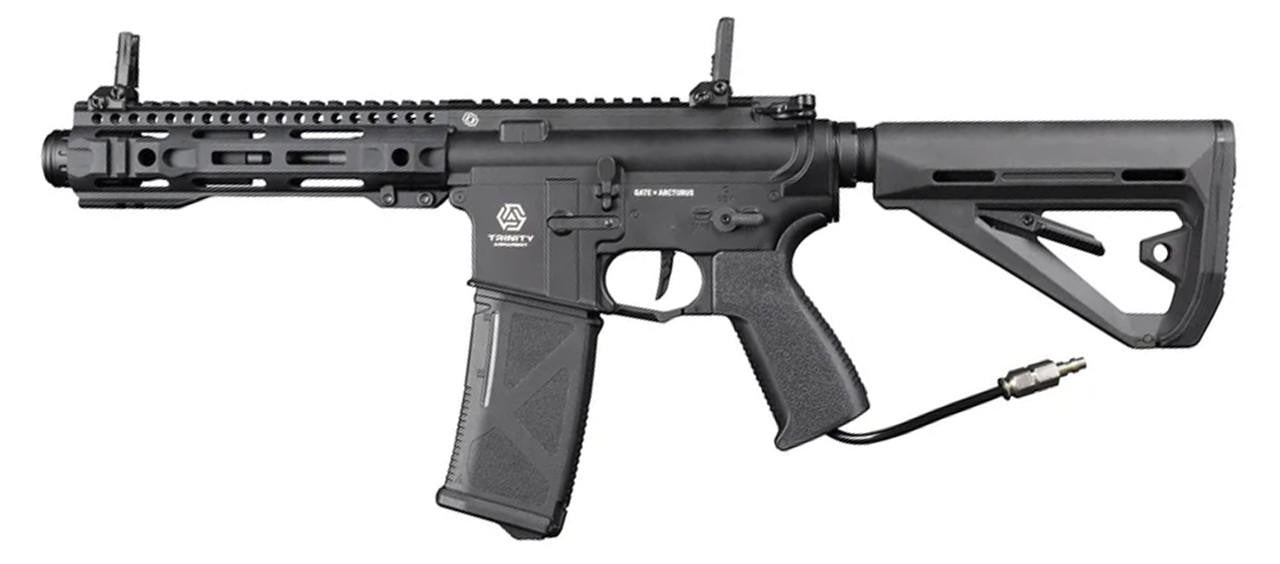 Arcturus Alpha SBR 7.9 inch HPA Airsoft Rifle with GATE Titan II Bluetooth and Pulsar D, full side view in black