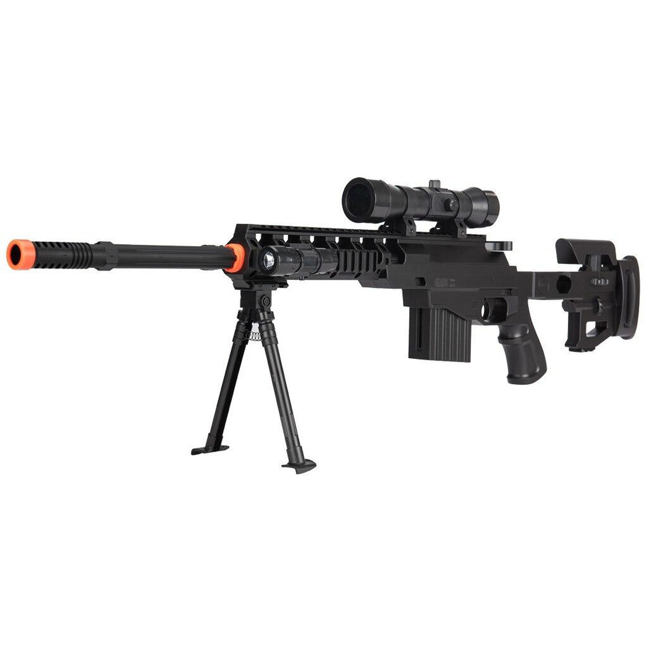 UK Arms P1402 spring-powered airsoft sniper rifle with mock suppressor, top rail, and detachable bipod