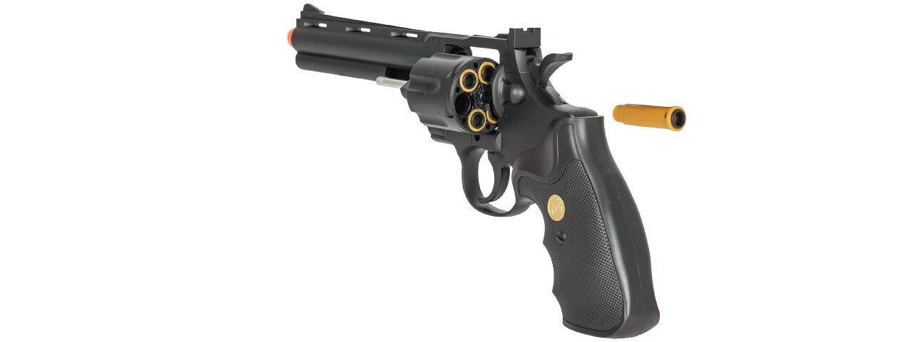 UK Arms Spring-Powered Black Airsoft Revolver â Side View with realist bullet magazine