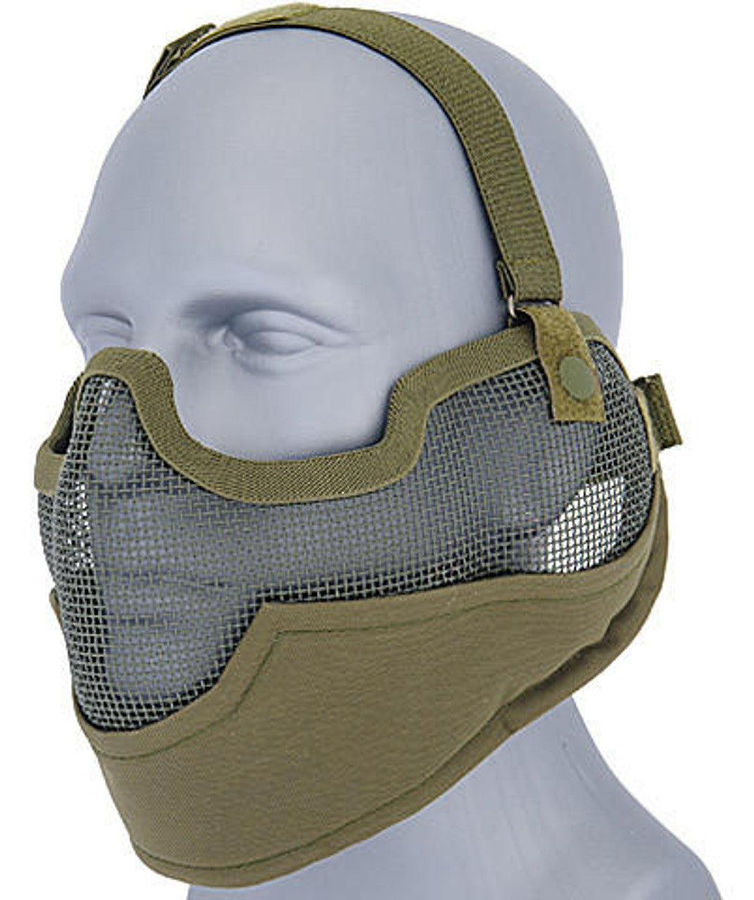 UK Arms Tactical Airsoft Metal Mesh Half Mask with Ear Protection in OD Green, designed for face and ear safety during airsoft games, featuring a breathable mesh front and adjustable straps for a secure, comfortable fit.