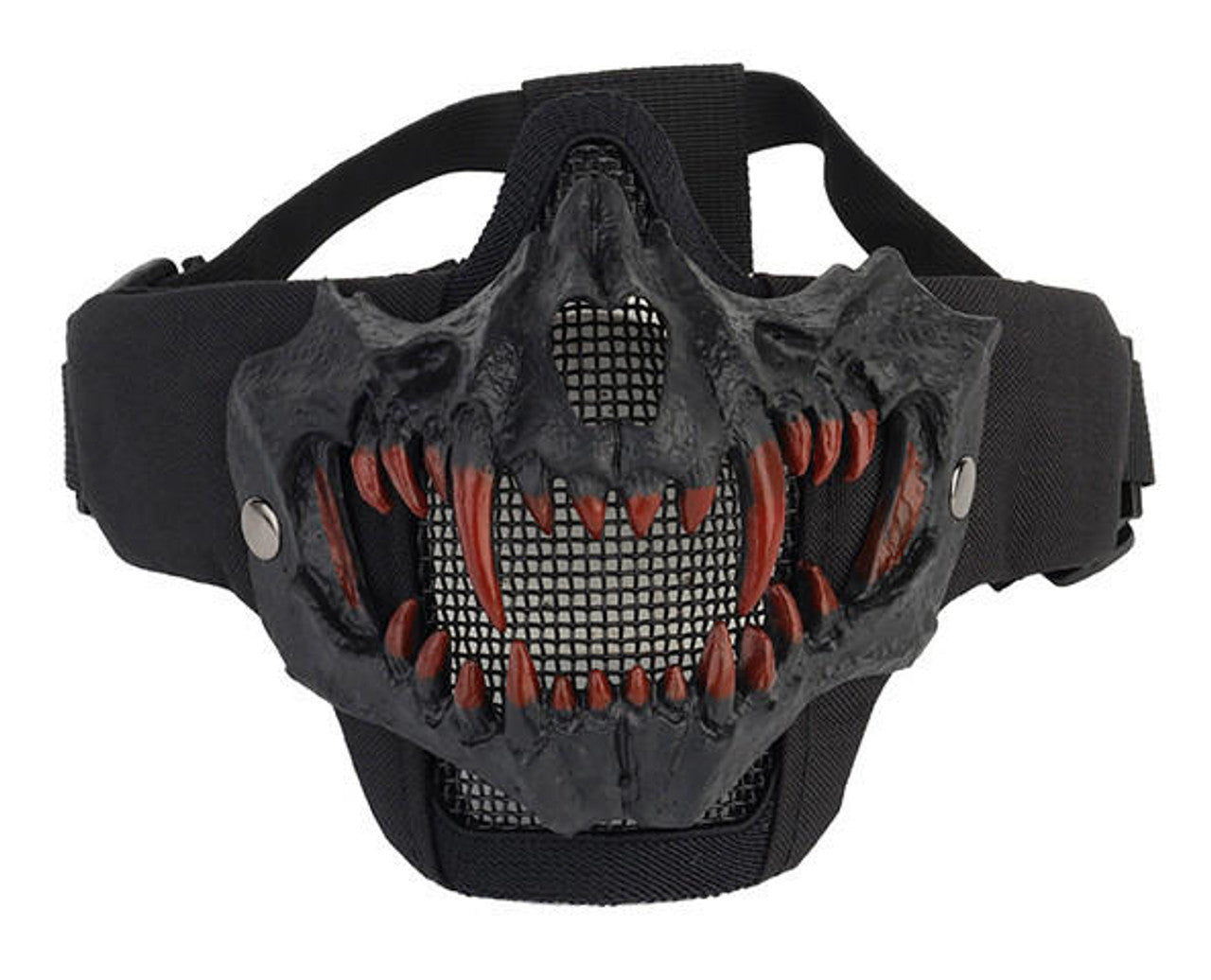"UK Arms Upgraded Fangs Mesh Lower Face Mask in Black, featuring breathable steel mesh construction, bold fangs design, adjustable elastic straps, and lightweight protection for airsoft enthusiasts