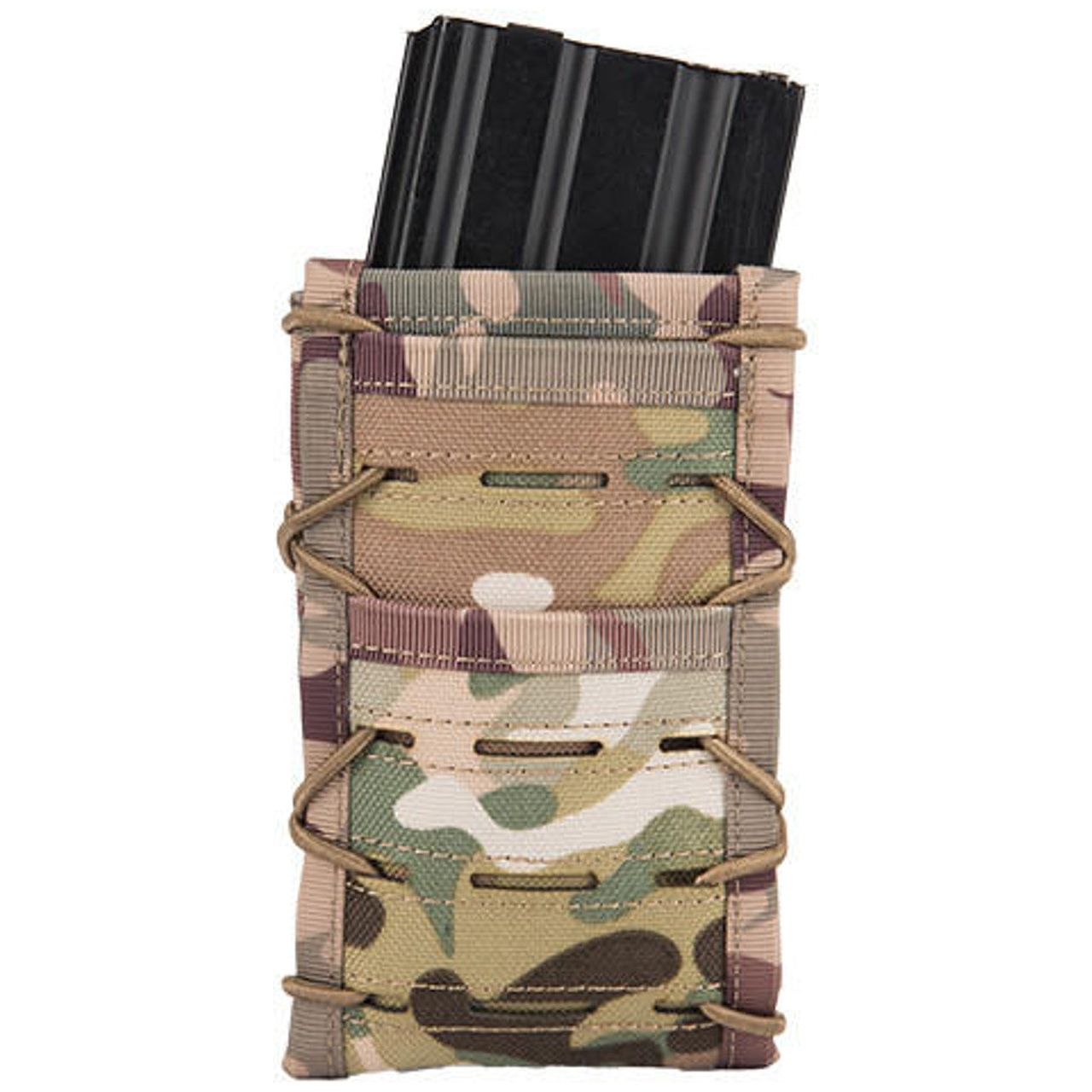 Ukarms Single High Speed M4 Molle Magazine Pouch in Camo, designed to hold one M4/M16 magazine, featuring durable nylon fabric, adjustable grip, and MOLLE compatibility for secure attachment to tactical gear