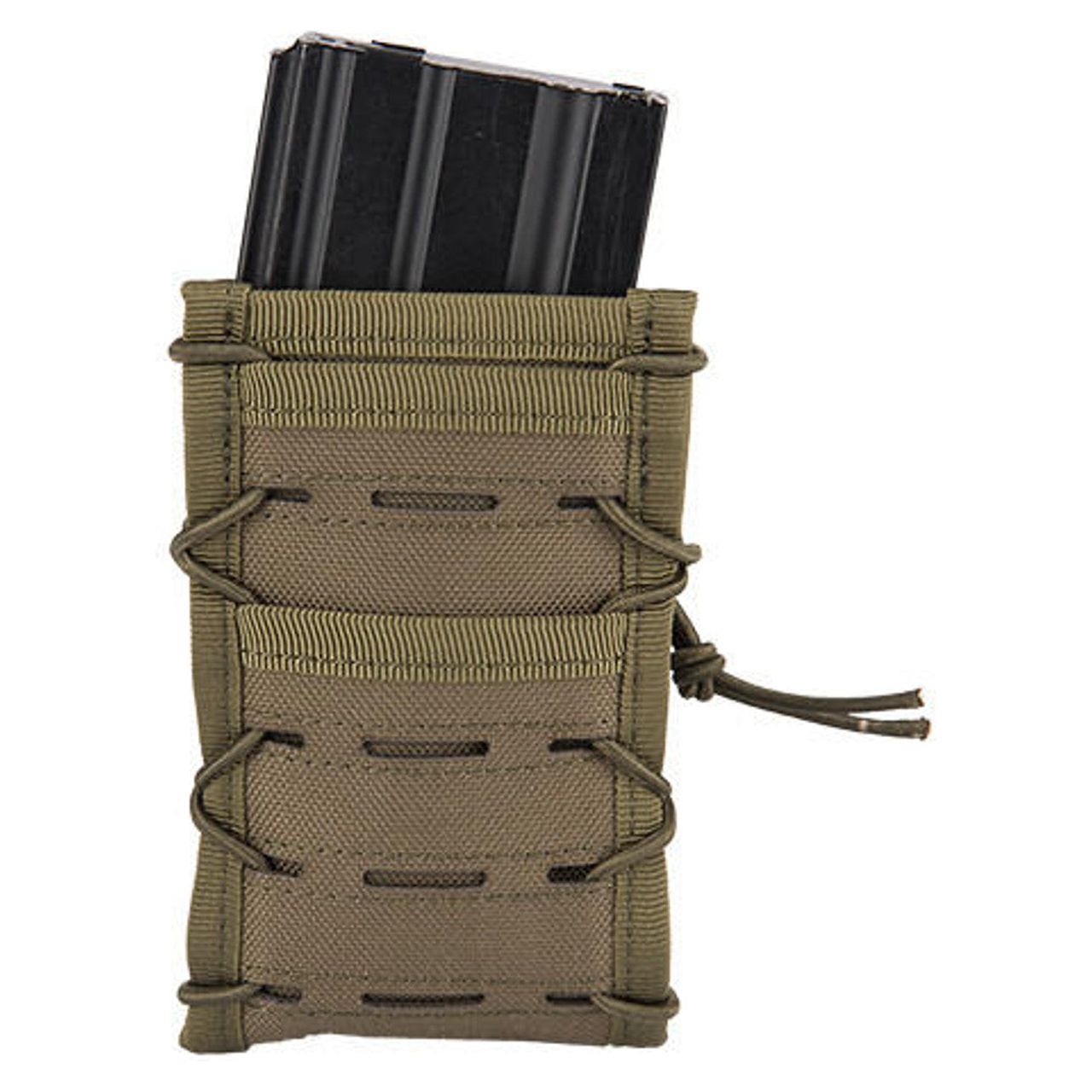 "Ukarms Single High Speed M4 Molle Magazine Pouch in OD Green, designed to hold one M4/M16 magazine, featuring durable nylon fabric, adjustable grip, and MOLLE compatibility for secure attachment to tactical gear.