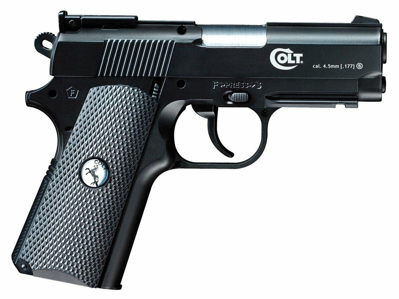 Colt Defender 1911 .177 BB CO2 air pistol by UMAREX in black right side showing Colt logo with the words engraved Cal. 4.5mm {.177}