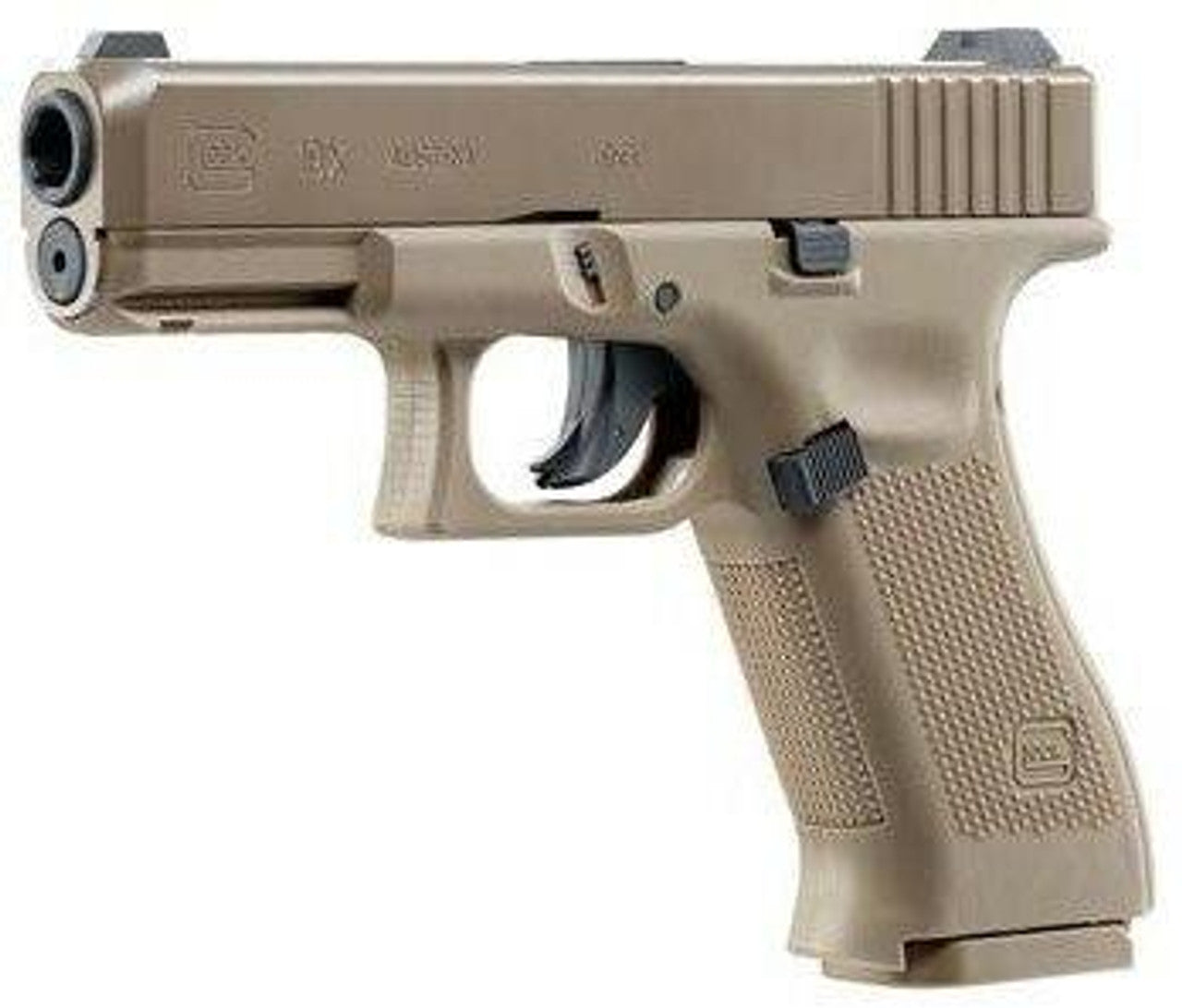 UMAREX GLOCK 19X Gen 5 CO₂ air pistol in coyote tan with metal slide, blowback action, and 18-round magazine left angle view