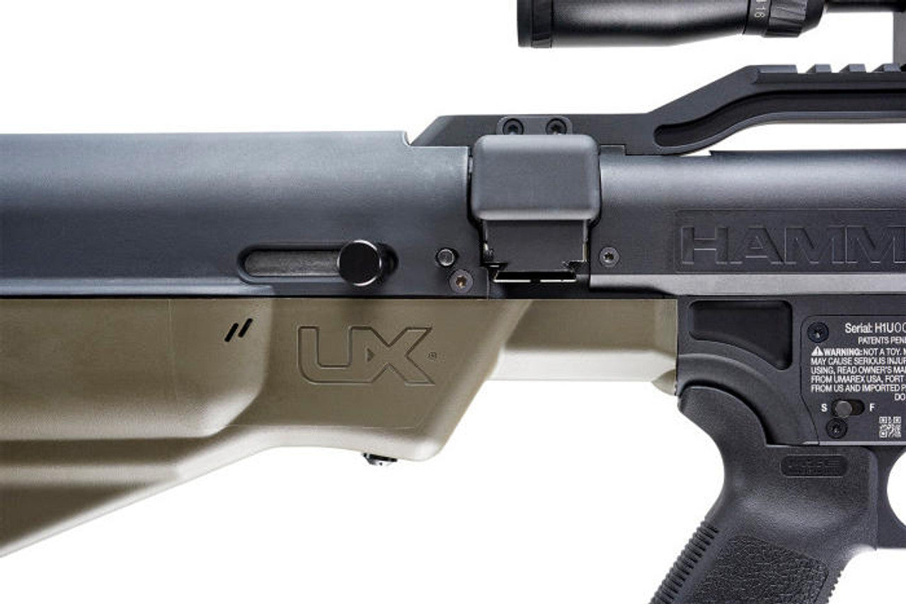 Umarex Hammer .50 caliber PCP air rifle in OD green and black with ergonomic stock and visible cocking mechanism, designed for high power, precision, and tactical outdoor shooting.