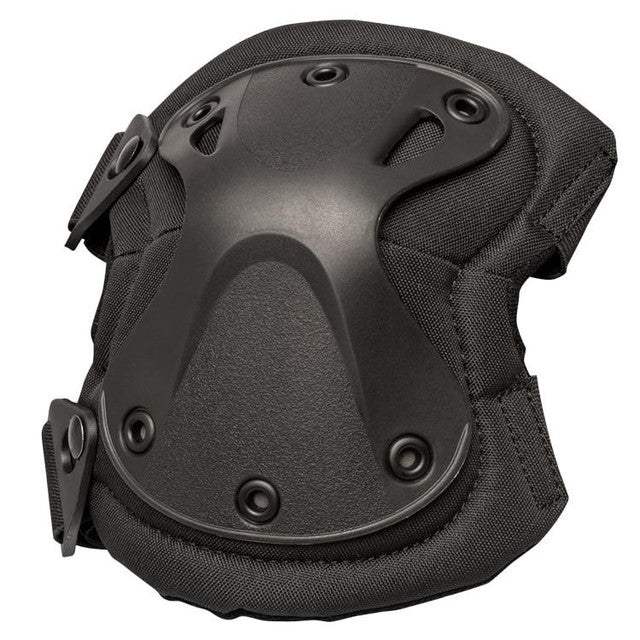 Close-up of Knee Pad: "Durable Valken Tactical X-Type black knee pad with adjustable straps and breathable padding