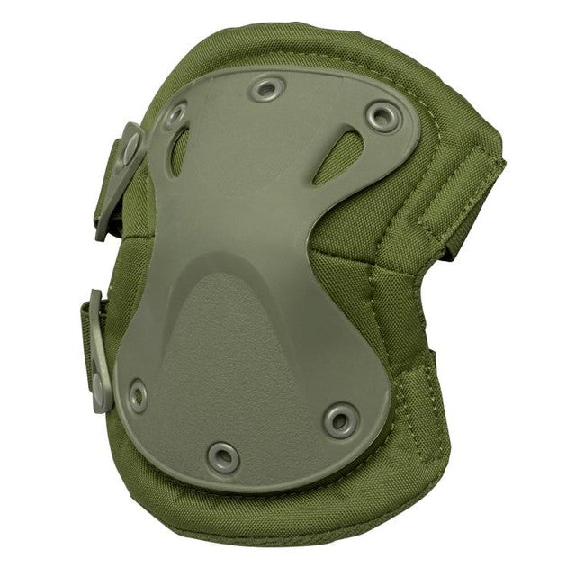 Close-up of Knee Pads: "Valken Tactical X-Type Knee Pads Green showing dual strap system and hard shell protection
