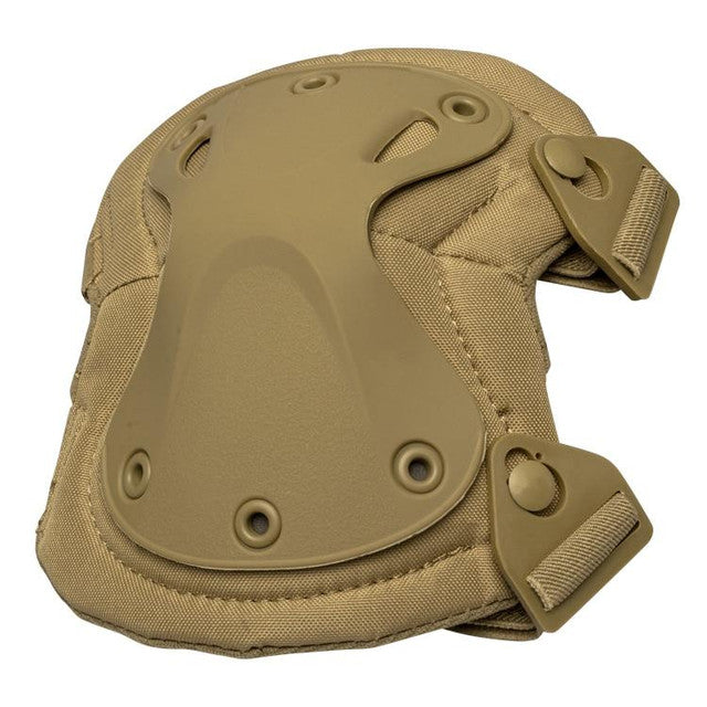 Close-up of Knee Pad: "Durable Valken Tactical X-Type knee pad in tan with adjustable straps and breathable padding