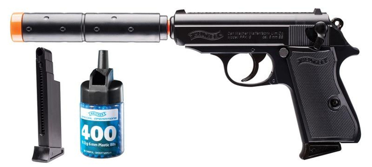 Complete Walther Spring PPK/S Operative Kit with pistol, mock suppressor, magazine, and BBs