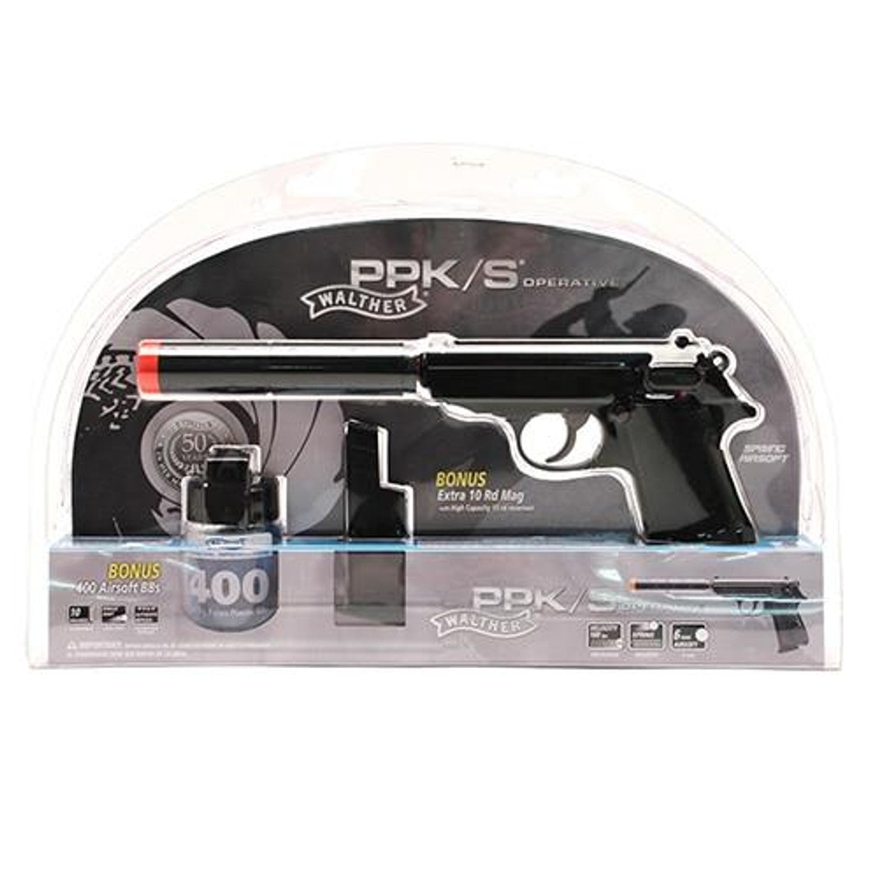 Walther PPK/S spring airsoft pistol with suppressor, magazine, and BBs from operative kit