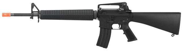 WE Tech M16A3 Gas Blowback Airsoft Rifle, Black, full metal body with realistic open bolt system and adjustable hop-up