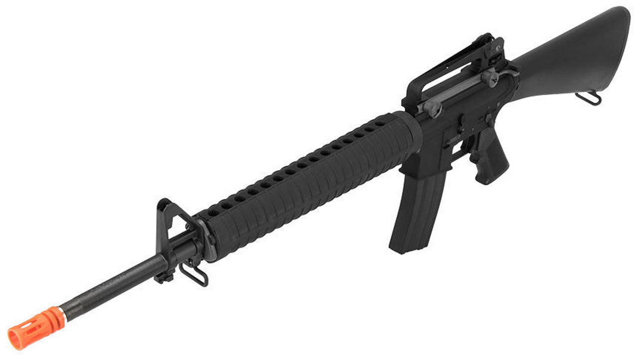WE Tech M16A3 airsoft rifle with a 30-round magazine inserted, showing detailed full metal construction and ergonomic design