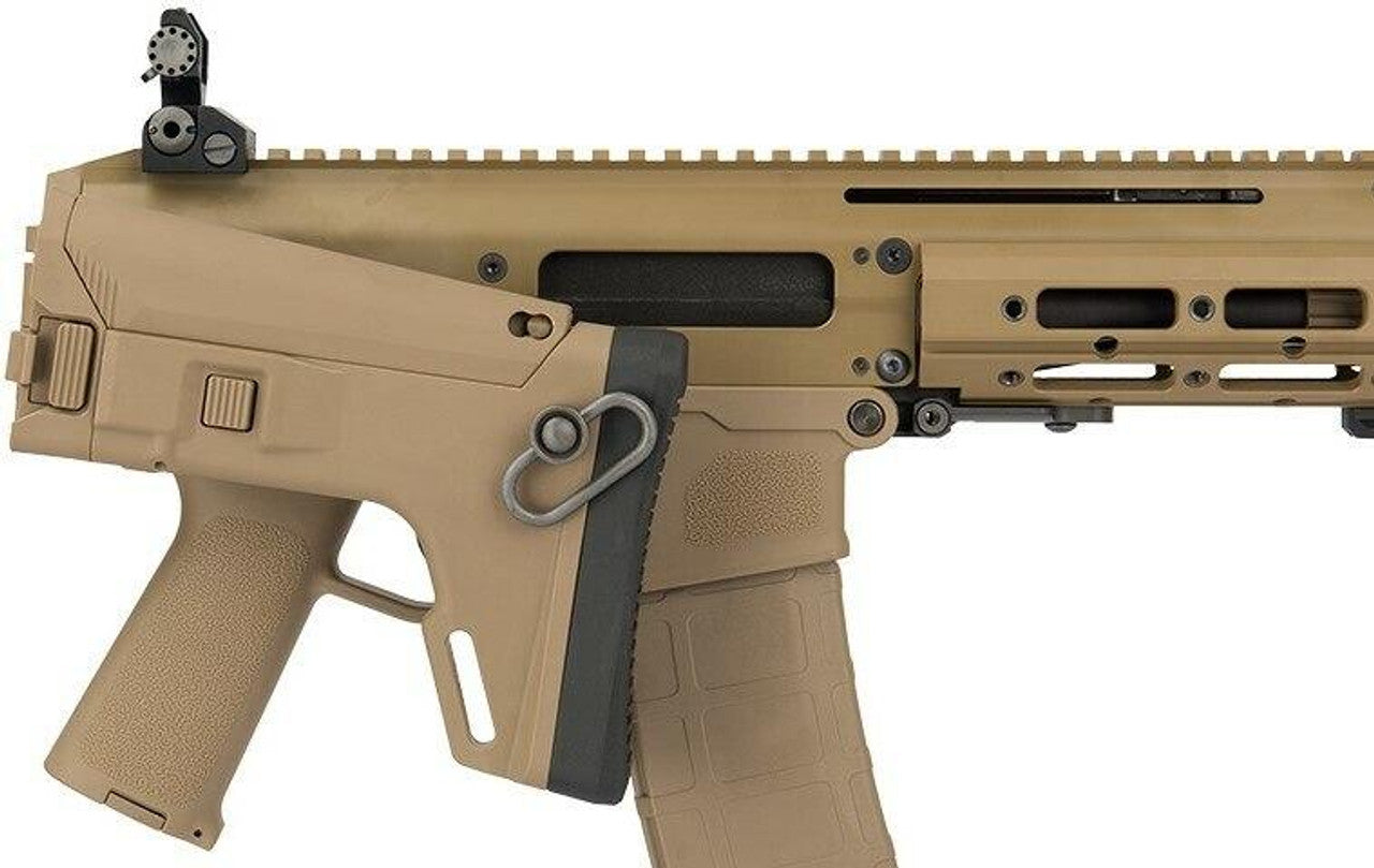 WE Tech MSK Open Bolt Gas Blowback Airsoft Rifle, Tan - view of folded stock and sling clip