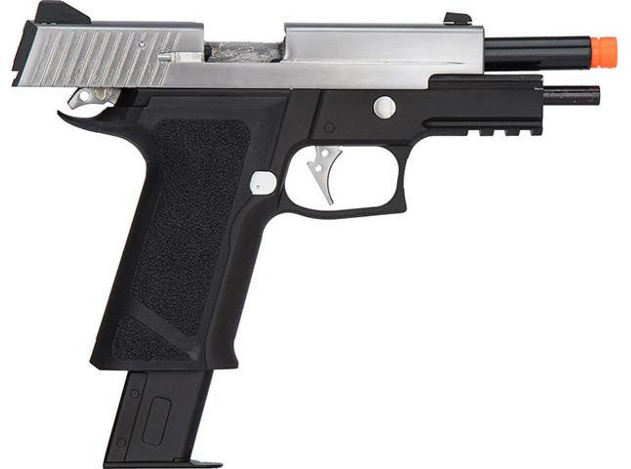 WE Tech P-Virus Two-Tone Gas Blowback Airsoft Pistol, Black and Silver Slider Pulled Back