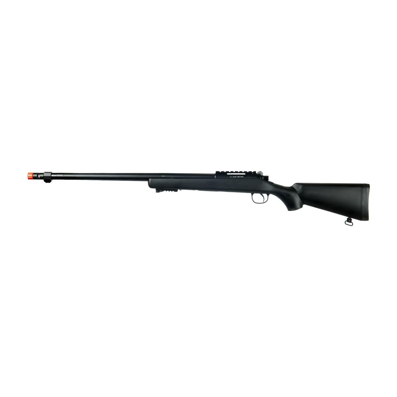 Well MB07 Bolt Action Airsoft Sniper Rifle in black, featuring a spring-powered mechanism, adjustable stock, metal bipod, and Weaver/Picatinny rails.
