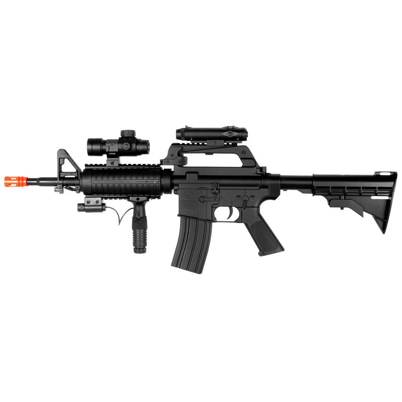 Wellfire M4 RIS Spring Airsoft Rifle in black with mounted red dot sight and tactical flashlight on quad rail system