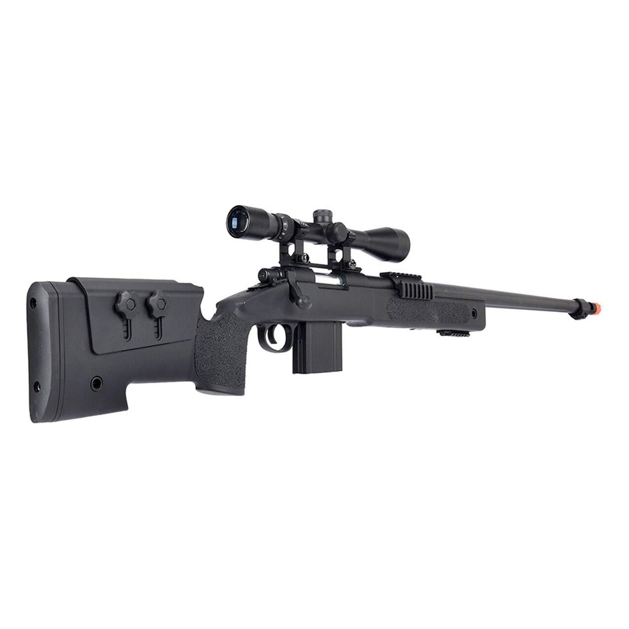 WellFire MB4416 M40A3 Bolt Action Airsoft Sniper Rifle back side view of stock, magazine, scope, and Barrel