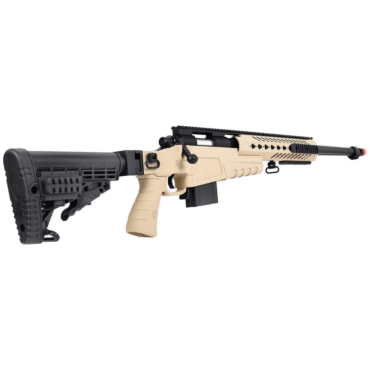 WellFire MB4418-1 Bolt Action Airsoft Sniper Rifle Right Angel View of Stock, Magazine, Bolt, and Barrel