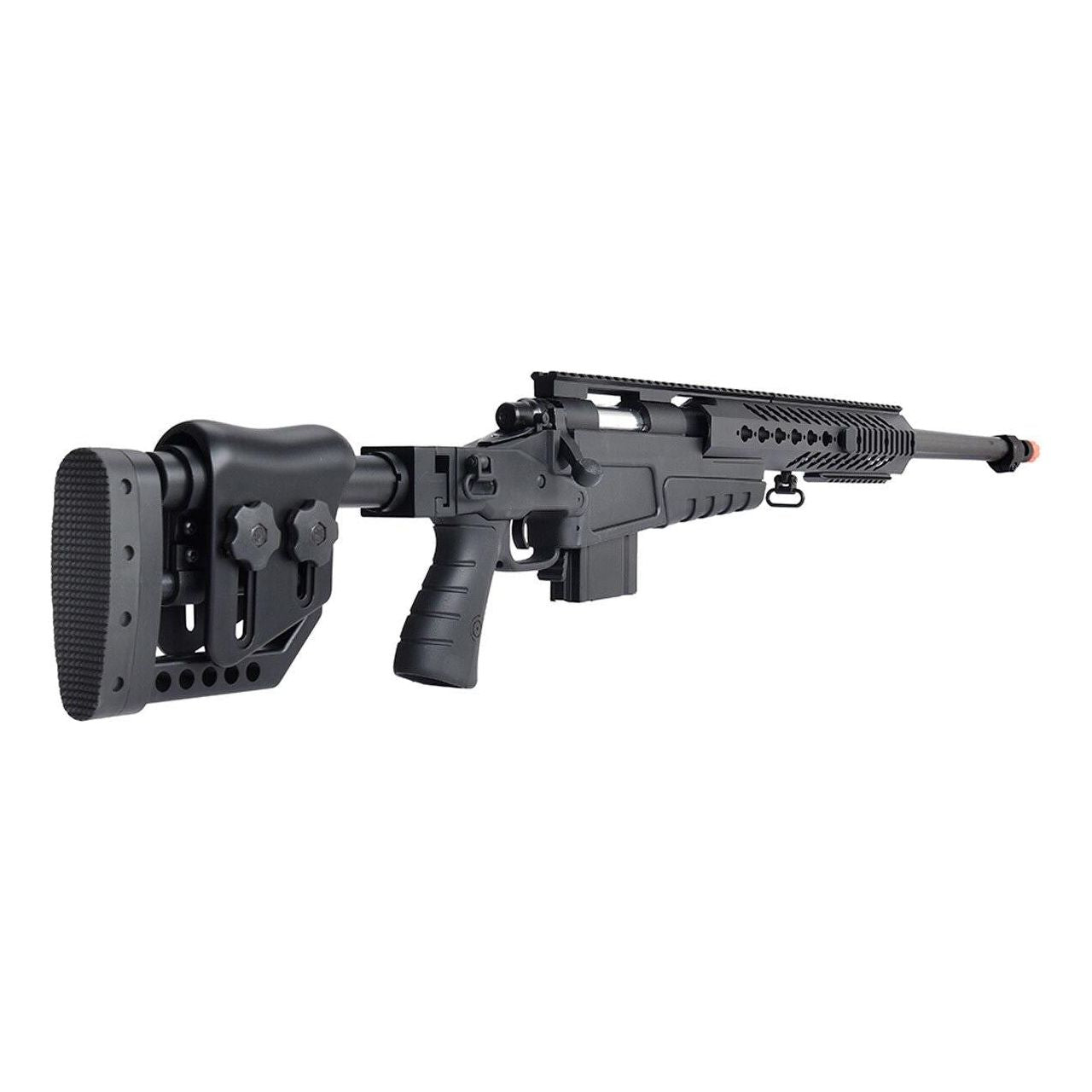 WellFire MB4418-2 Bolt Action Airsoft Sniper Rifle Rear View of the Stock, Magazine, Bolt, and Barrel.