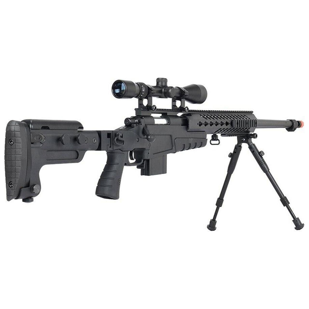 WellFire MB4418-3 Bolt Action Airsoft Sniper Rifle with right angle view of Scope & Bipod, Black