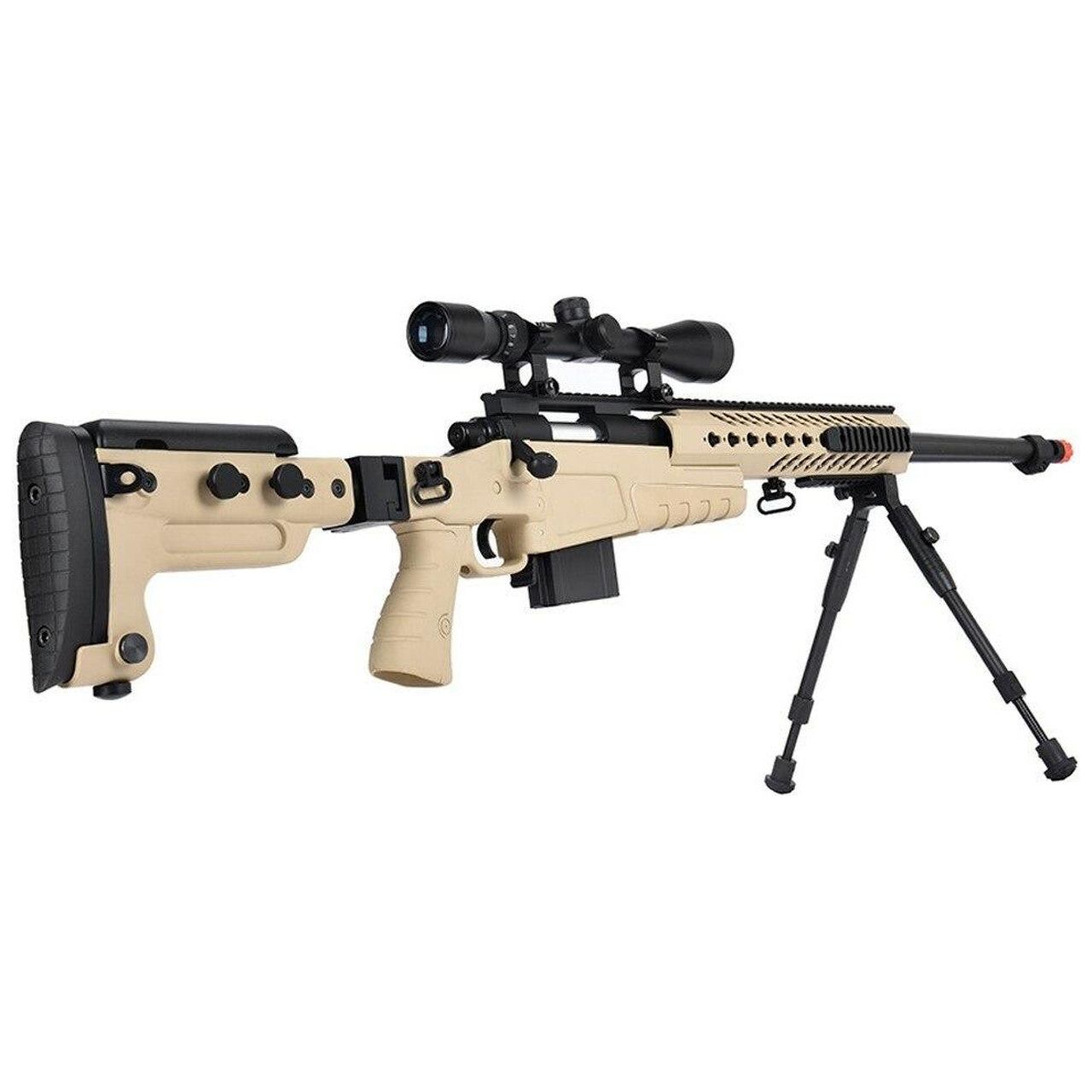 WellFire MB4418-3 Bolt Action Airsoft Sniper Rifle with View of the stock, Scope, and Open Bipod