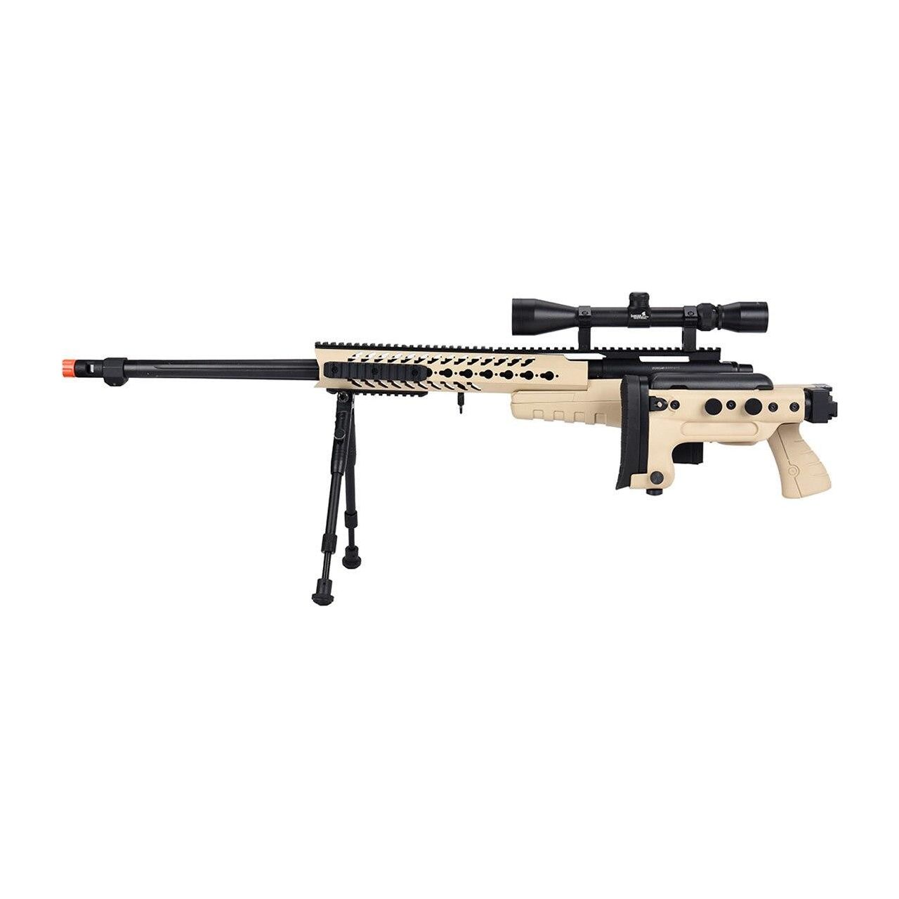 WellFire MB4418-3 Bolt Action Airsoft Sniper Rifle with folded stock and view of the scope, bipod, and barrel