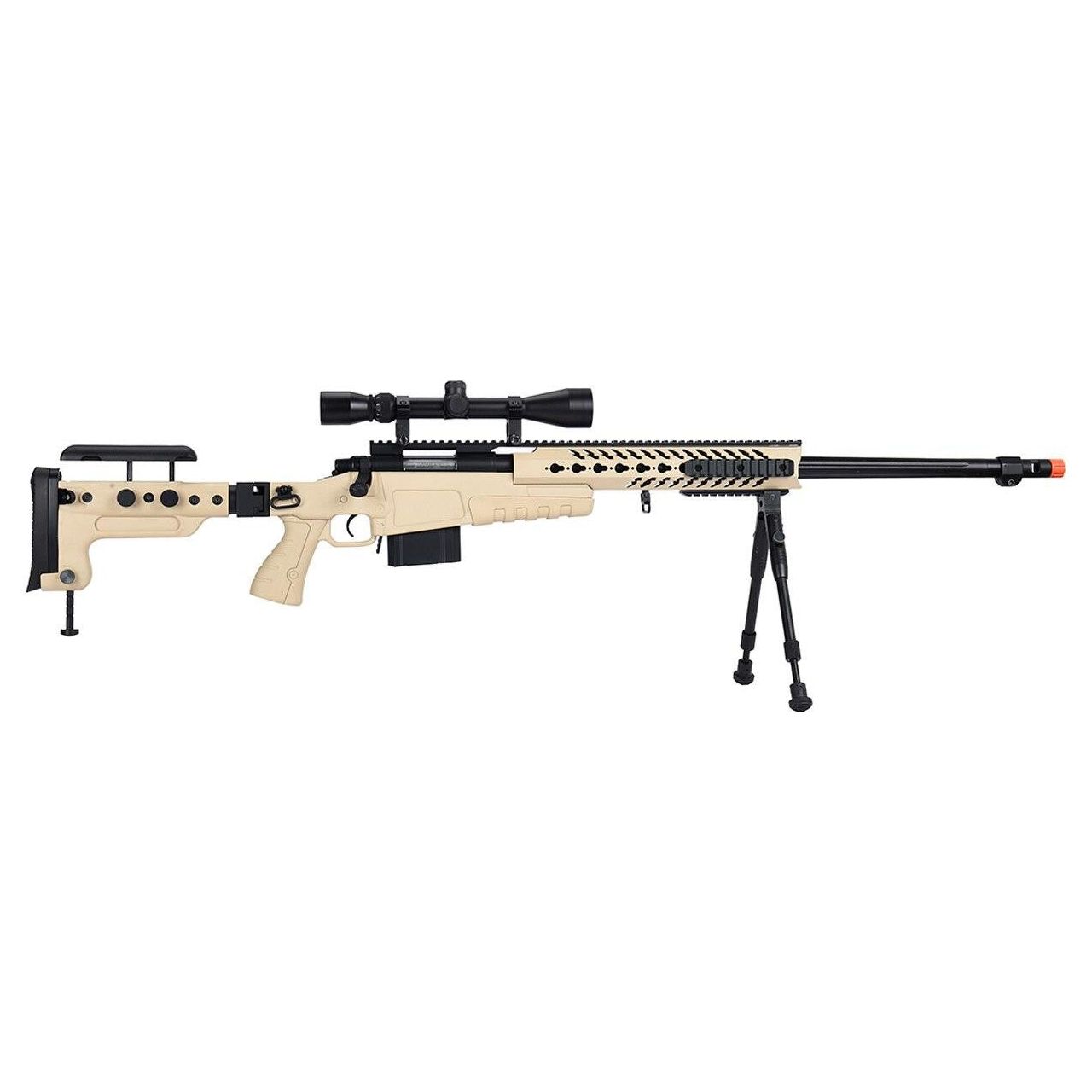WellFire MB4418-3 Bolt Action Airsoft Sniper Rifle with the view of the stock, scope, magazine, bipod