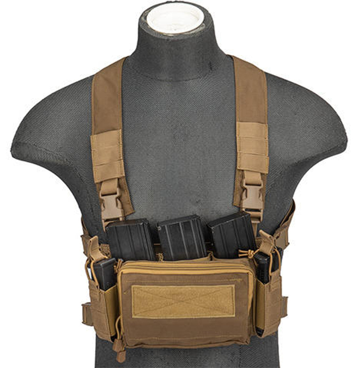 WOSport Multifunctional Tactical Chest Rig in Tan, Front View with Multiple Pouches and Adjustable Straps