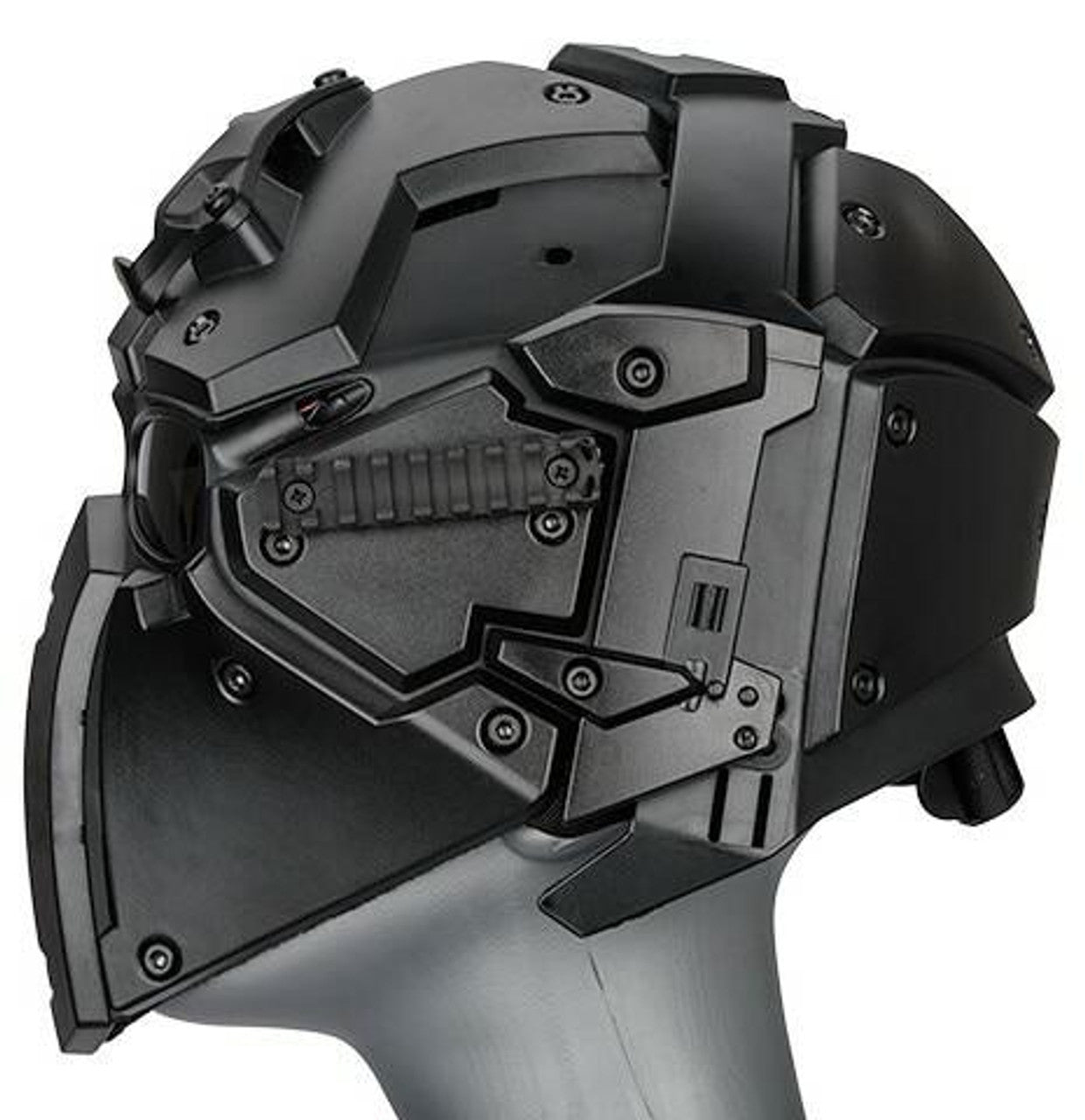 WoSport Tactical Helmet in black with NVG shroud and transfer base, compatible with night vision goggles, ideal for airsoft and night operations, available at Gray Dragon Airsoft.