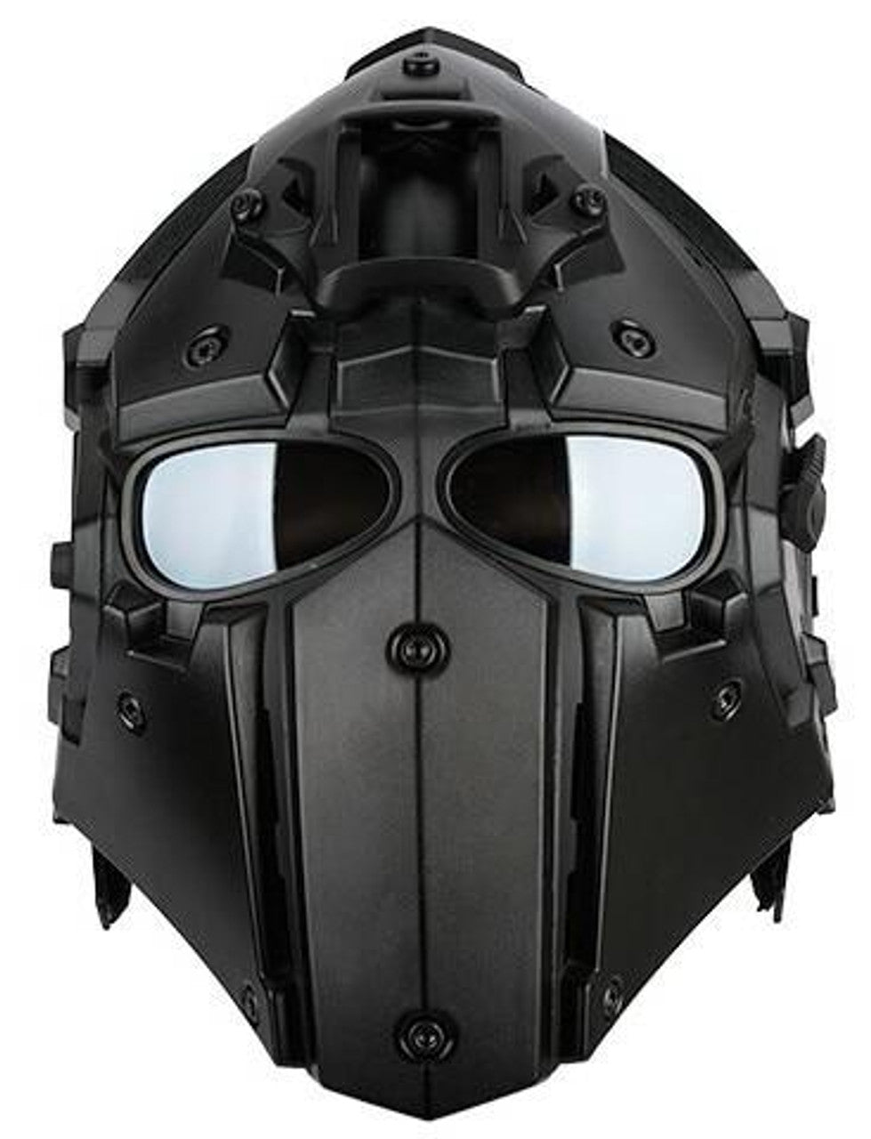Front view of WoSport Tactical Helmet with NVG Shroud and Transfer Base in black, featuring adjustable straps, suitable for airsoft and tactical use, available at Gray Dragon Airsoft.