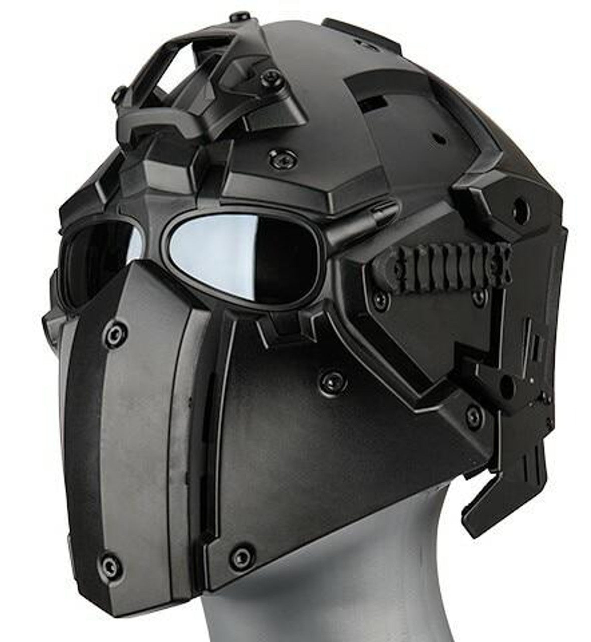 Side profile of WoSport Tactical Helmet in black with NVG shroud and transfer base, showcasing a sleek, professional design, perfect for airsoft and military use, available at Gray Dragon Airsoft."