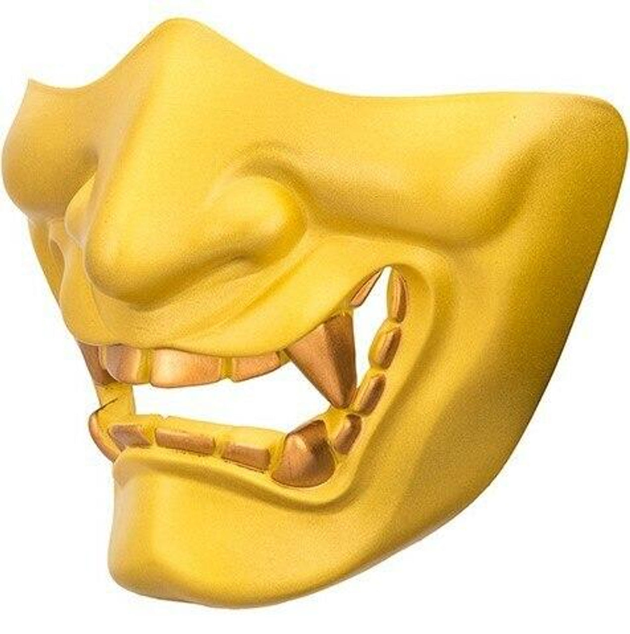 "Yokai Ogre Padded Polymer Lower Face Mask in Gold, featuring a fierce ogre design inspired by Japanese folklore, durable nylon polymer construction, soft padded interior, ventilated mouth area, and adjustable straps for airsoft protection and comfort