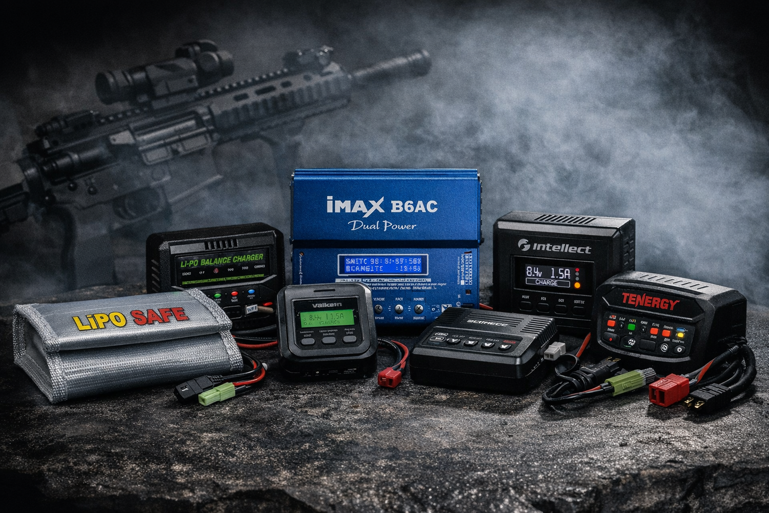 Airsoft battery chargers and lithium charging accessories for LiPo, Li-ion, and NiMH airsoft batteries displayed on tactical background