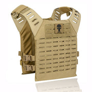 Side view of the Valken Alpha Laser Cut Plate Carrier in tan showing adjustable cummerbund and shoulder straps.