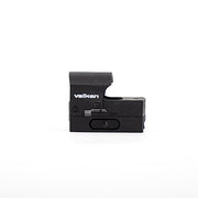 Valken Hooded Mini Red Dot Sight in black featuring a glass-filled nylon housing and protective hood left side view with Valken logo