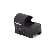 Valken Hooded Mini Red Dot Sight in black featuring a glass-filled nylon housing and protective hood upper left angel view