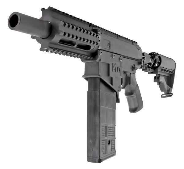 Valken M17 Magfed Paintball Marker left side view with muzzle, stock, and magazine