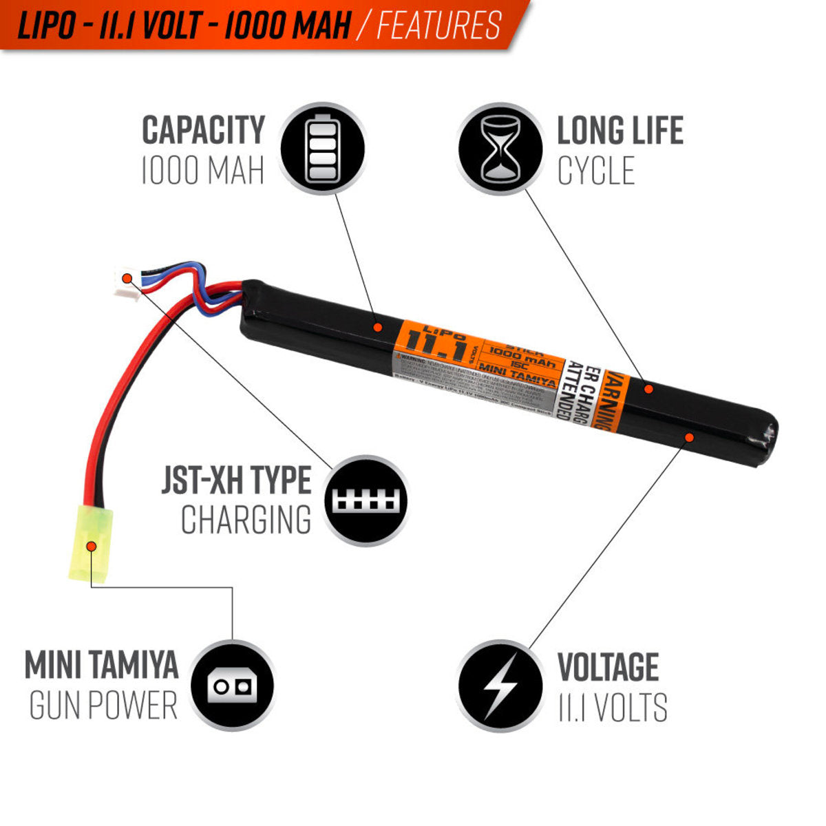 Valken LiPo 11.1v 1000mAh 15C/30C Narrow Stick Airsoft Battery (Small Tamiya)