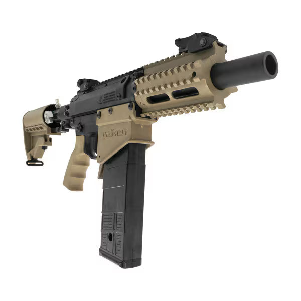 Valken M17 .68 Cal Magfed Paintball Marker – Semi/Full Auto HPA Rifle right angle view of the rifle showing magazine, muzzle, pistol grip, stock, magazine
