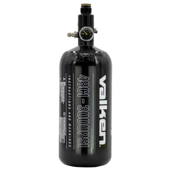 Valken 48/3000 HPA Paintball Air Tank side showing pressure gage and inscription that says 48CI-3000PSI
