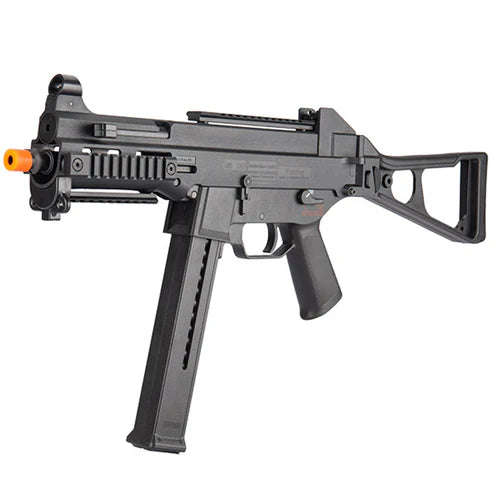 H&K UMP AEG Airsoft SMG – Licensed CQB Rifle - left angle view muzzle, magazine, trigger, pistol grip, and stock