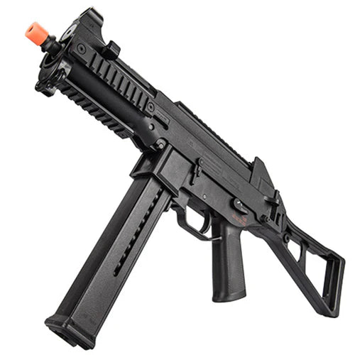 H&K UMP AEG Airsoft SMG – Licensed CQB Rifle - view of muzzle, magazine, trigger, side rail, trigger, and stock